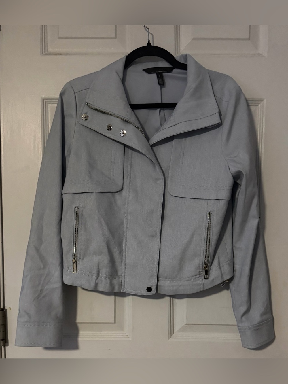 White House Black Market Moto Jacket S Icy Blue Cropped Utility Zip
